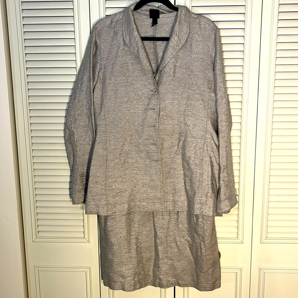 Eileen Fisher Linen Set Dress W/Jacket Sparkly Pewter Gray Mother of the Bride M